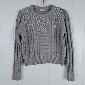 J Crew Chunky Cable Knit Sweater Gray Pearls Crop Dressy Holiday Womens Large